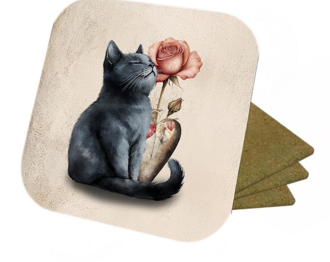 Cat & Rose Coasters: Vintage Style Cork Back Coasters - Set of 4