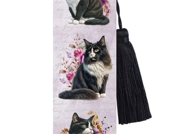 Large Metal Bookmark With Tassel - Black and White Cats