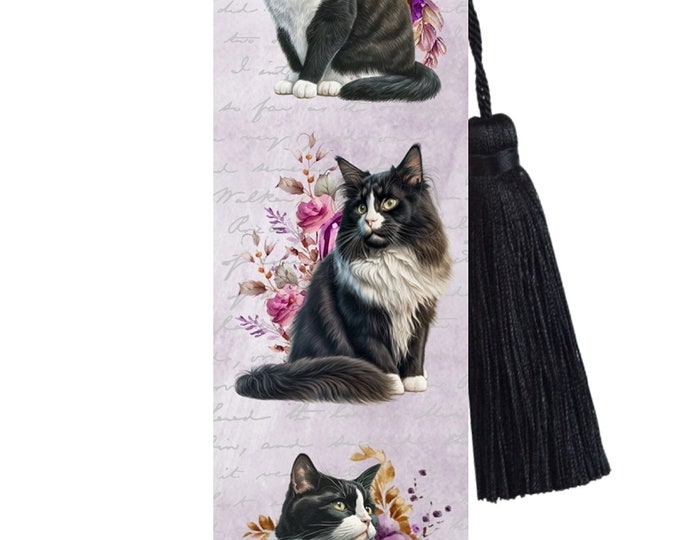 Large Metal Bookmark With Tassel - Black and White Cats