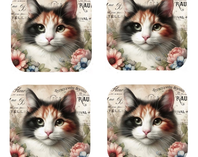 Set Of 4 - Cork Backed Coasters - Vintage Calico Cat
