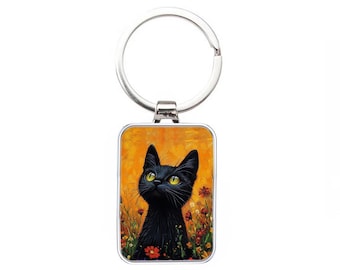 Silver Metal Cat Keyring - Little Black Cat & Flowers