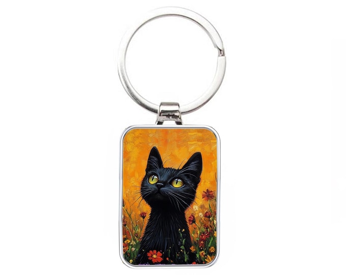 Silver Metal Cat Keyring - Little Black Cat & Flowers