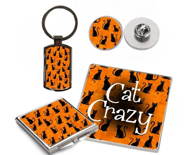 4 Piece Gift Set - Mirror, Magnet, Keyring & Pin Badge - Black and Orange Cats
