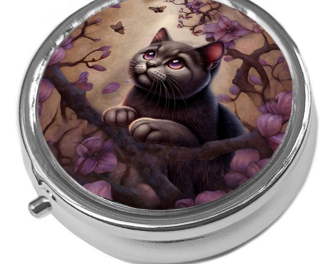 Black Cat & Purple Florals Metal Pill Box: Kitten Trinket
