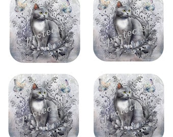 Set Of 4 - Cat Coasters - Cork Backed Coasters - Grey - Grey Cat Coaster