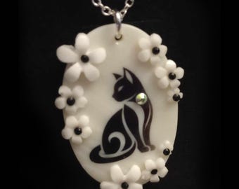 Natural Shell, Black Cat Necklace - Oval Pendant, Black Cat & White Flowers