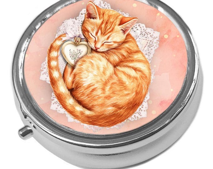 Metal Pill Box - Cat Trinket Box - Cottage, Shabby Chic Ginger Cat