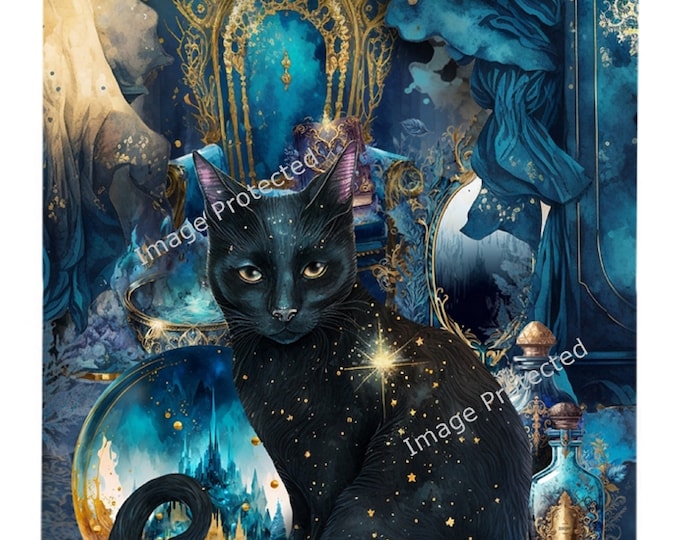 Black Cat Sign - Black Cat and Blue Scenery -  Hanging Metal Sign - Motivational Quote - Love, Believe, Achieve