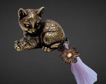 Brass Lucky Charm Cat - Luna - Brass Cat, Charm & Tassel - With Bag and Card