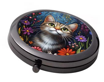 Tabby Cat Compact Mirror: Smoke Black Metal, Floral Style