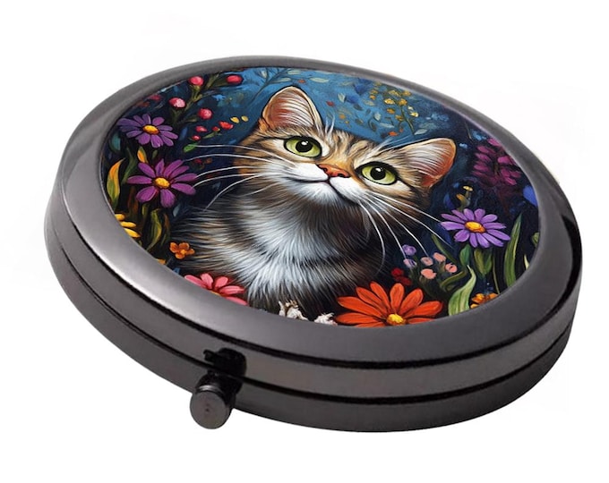 Tabby Cat Compact Mirror: Smoke Black Metal, Floral Style
