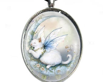 Fairy Cat Glass Cabochon Necklace: Silver Plated, Leather Cord