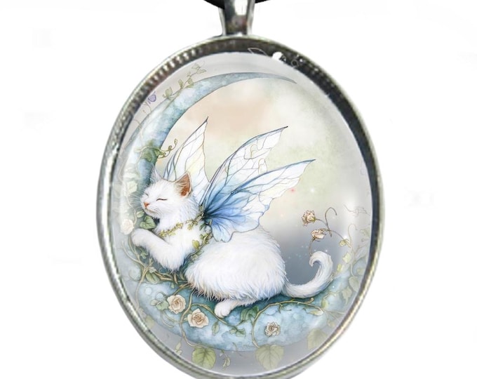 Fairy Cat Glass Cabochon Necklace: Silver Plated, Leather Cord