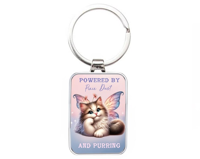 Silver Metal Cat Keyring - Fairy Cat - Powered By Pixie Dust & Purring