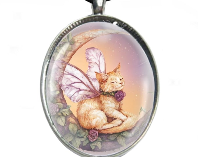 Ginger Cat Moon Necklace: Silver Plated Pendant, Leatherette Cord