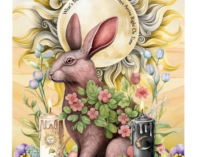 Hanging Metal Sign - Sun/Moon Hare - Motivational Quote, What's meant for you, will always arrive right on time