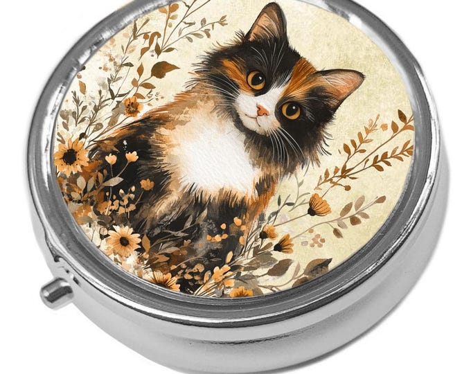 Metal Pill Box - Cat Trinket Box - Floral Calico Cat