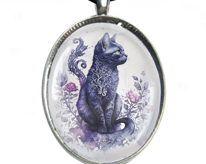 Cat Glass Cabochon Necklace - Silver Plated Tray & Leather Cord Necklace - Blue Ornate Cat