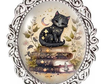 Silver Colour - Oval Glass Cabochon Brooch - Little Black Cat On Books