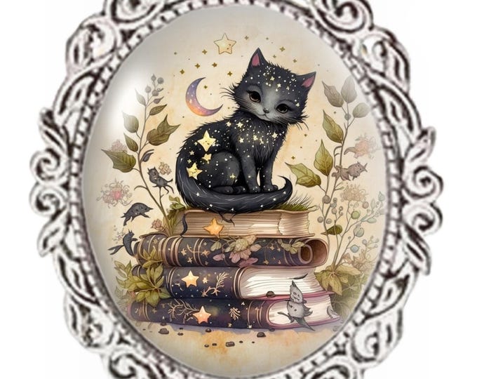 Silver Colour - Oval Glass Cabochon Brooch - Little Black Cat On Books
