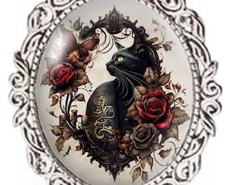 Silver Colour - Oval Glass Cabochon Brooch - Black Cat in Rose Border - Cat Brooch