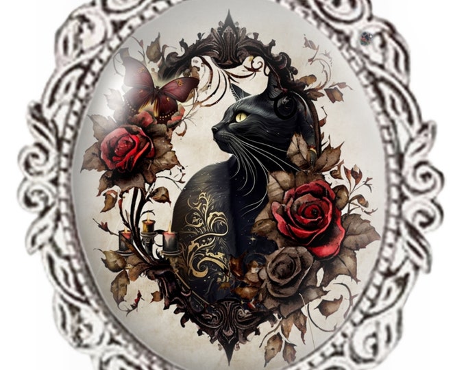 Silver Colour - Oval Glass Cabochon Brooch - Black Cat in Rose Border - Cat Brooch