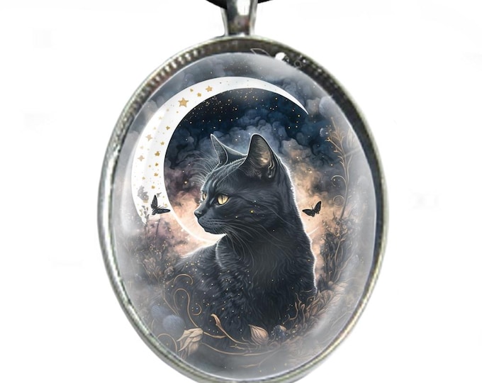 Glass Cabochon Necklace - Silver Plated Tray & Leather Cord Necklace - Black Cat and Moon