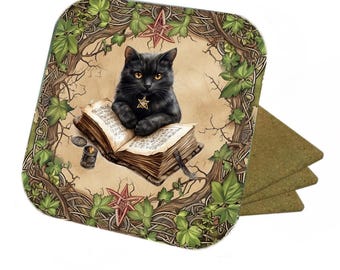 Set Of 4 - Witches Cat & Spell Book - Cork Backed Coasters