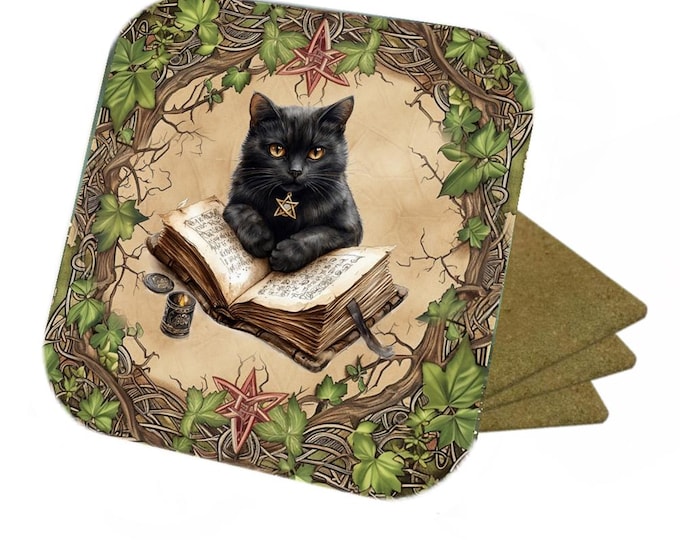Set Of 4 - Witches Cat & Spell Book - Cork Backed Coasters
