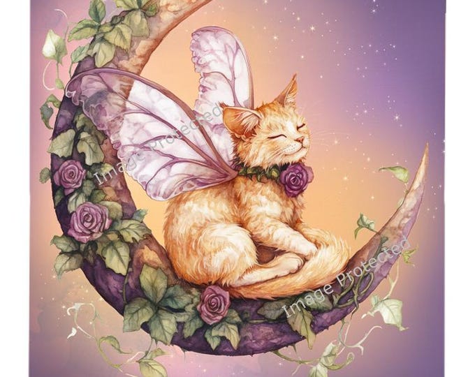 Cat Metal Sign - Fairy Cat On Moon - Ginger Cat - Home Is Where My Feline Family Are