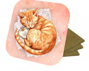 Ginger Cat Coasters: Handmade Cork Backed Coasters, Set of 4