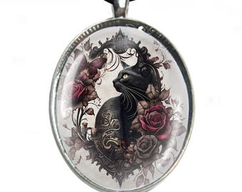 Glass Cabochon Necklace - Silver Plated Tray & Necklace - Black Cat In Rose Frame