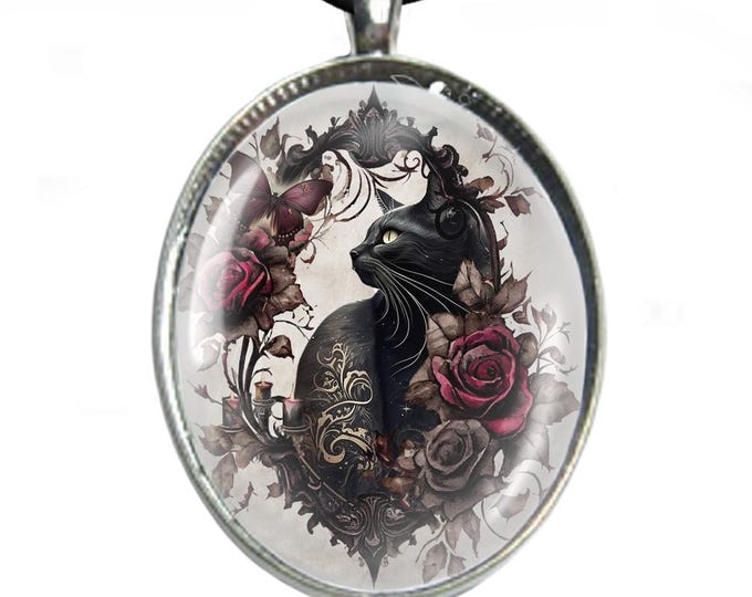 Glass Cabochon Necklace - Silver Plated Tray & Necklace - Black Cat In Rose Frame