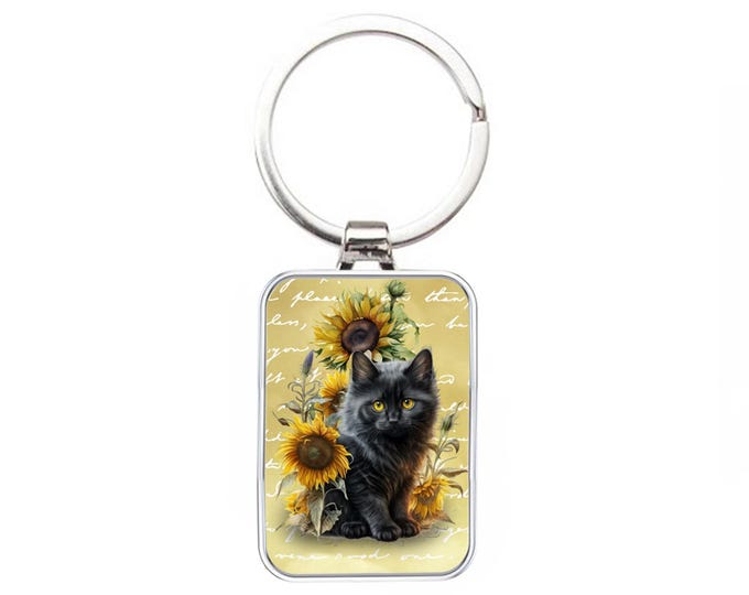 Silver Metal Keyring - Black Kitten & Sunflowers