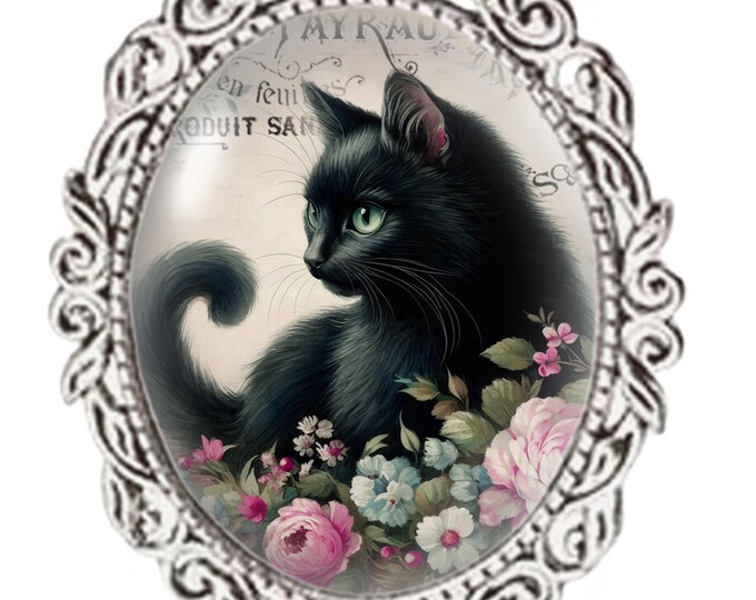 Silver Colour - Oval Glass Cabochon Brooch - Vintage Cat Design - Black Cat Brooch