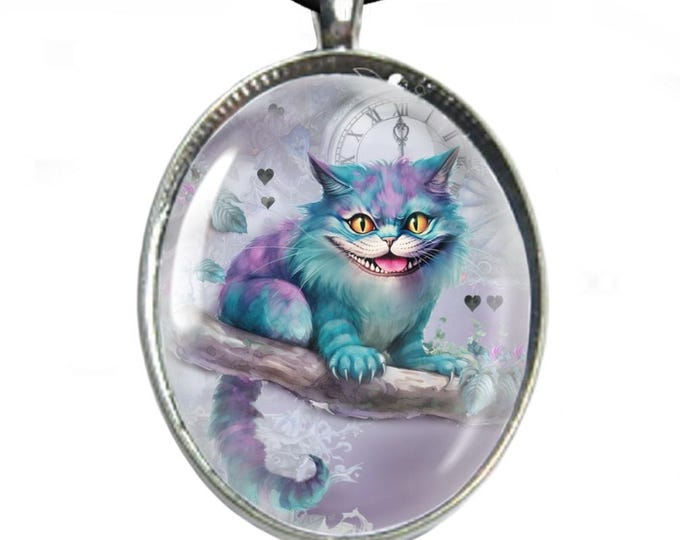 Cat Glass Cabochon Necklace - Silver Plated Tray & Leather Cord Necklace - Cheshire Cat