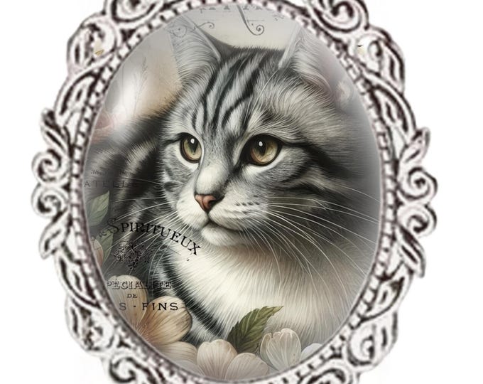 Silver Colour - Oval Glass Cabochon Brooch - Vintage Cat Design - Grey Tabby Cat Brooch
