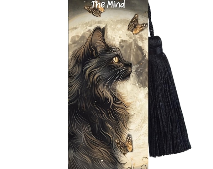 Large Metal Bookmark With Tassel - Black cat and Moon - Motivational Quote - Beauty