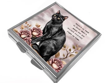Black Cat & Roses - Square Pill Box - Motivational Quote, Things Will Arrive On Time