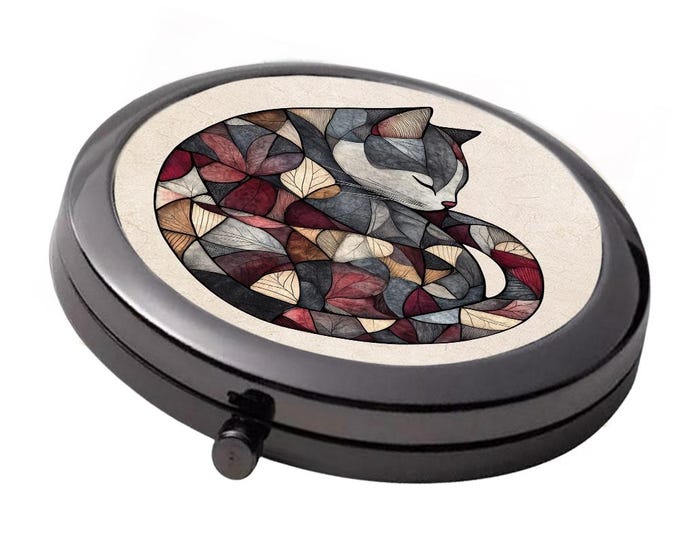 Folkart Cat Compact Mirror - Smoke Black Double Mirror, 7cm