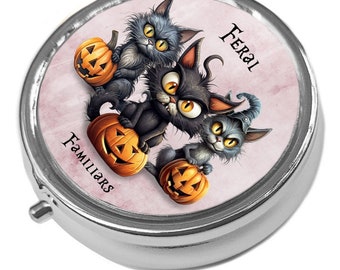 Feral Familiars - Black Cats & Pumpkins - Round  Pill / Trinket Box