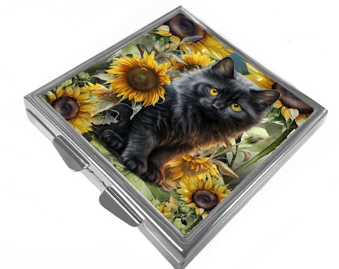 Square Pill/Trinket Box - Black Cat & Sunflowers