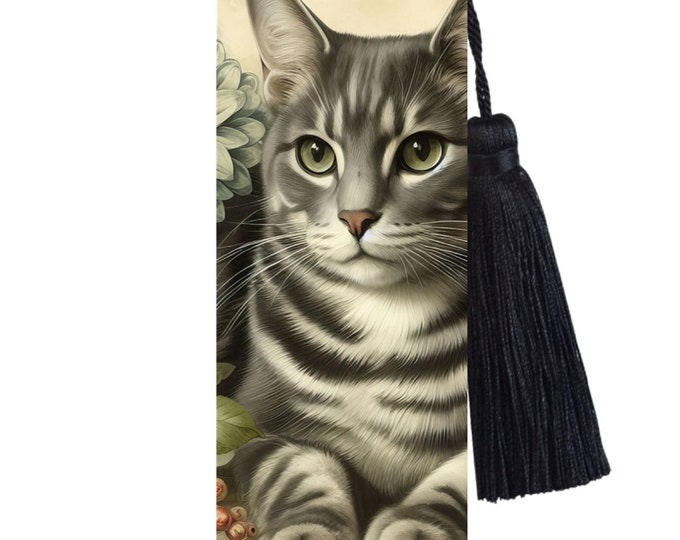 Large Metal Bookmark With Tassel - Vintage Cats - Vintage Grey Tabby Cat