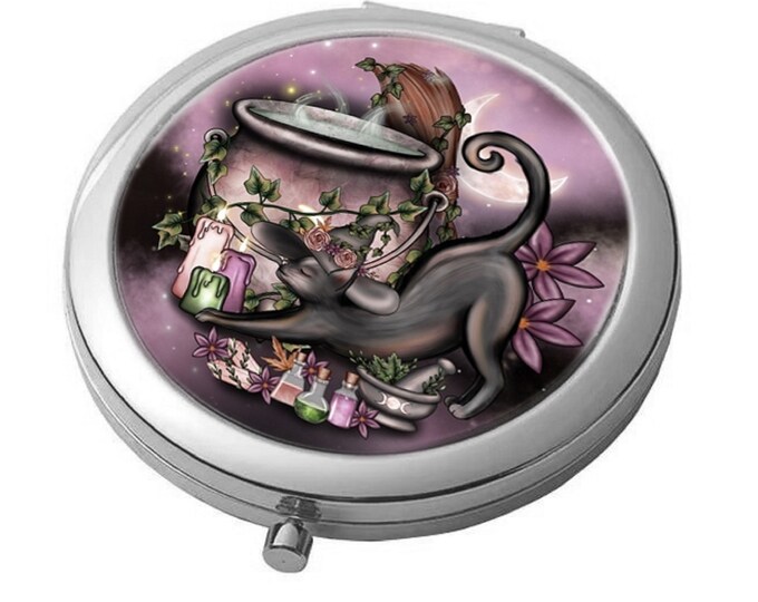 Magic Cauldron - Black Cat, Cauldron, Broom - Silver - Large Double Compact Mirror