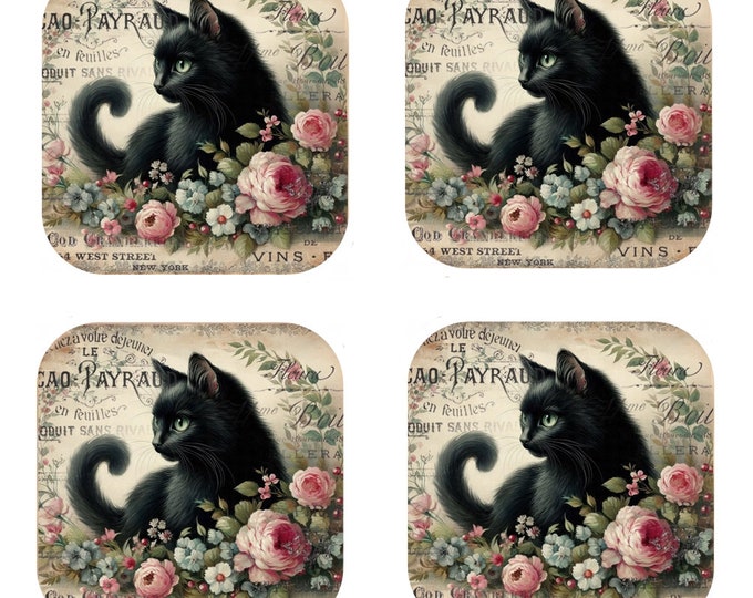 Set Of 4 - Cork Backed Coasters - Vintage Black Cat