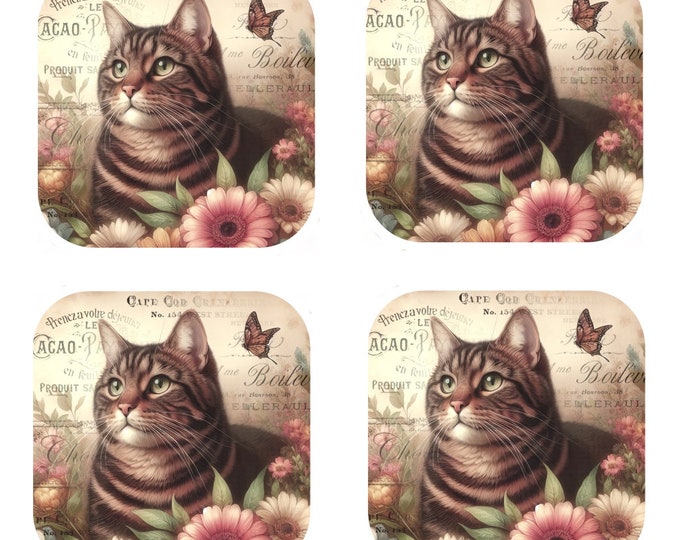 Set Of 4 - Cork Backed Coasters - Vintage Brown Tabby Cat