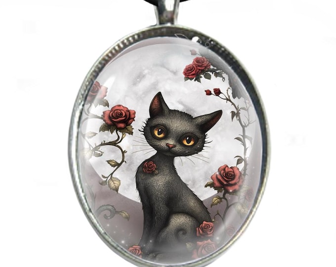Glass Cabochon Necklace - Silver Plated Tray & Leather Cord Necklace - Black Cat and Roses