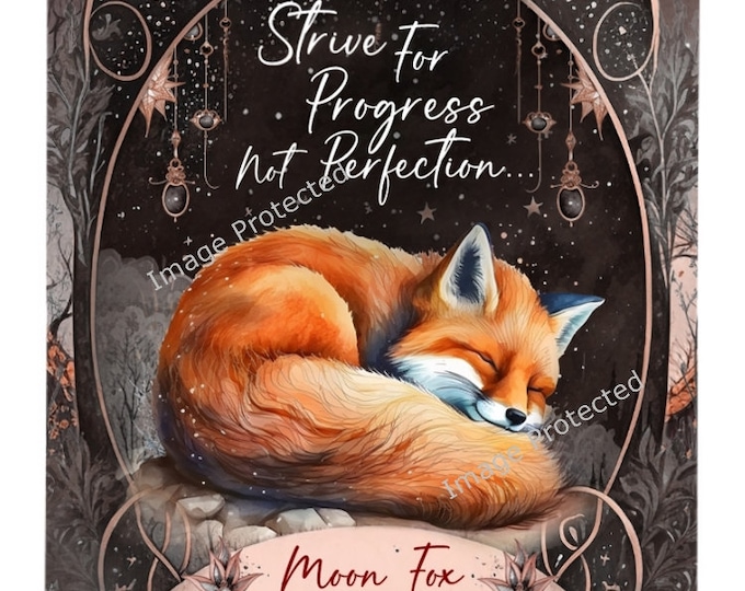 Hanging Metal Sign - Mystic Celestial Fox - Motivational Quote - Strive for progress, Not perfection