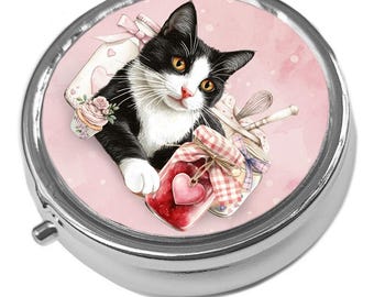 Tuxedo Cat Pill Box: Shabby Chic Metal Trinket Box