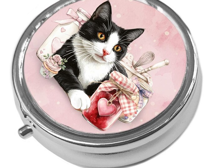 Metal Pill Box - Cat Trinket Box - Cottage, Shabby Chic Tuxedo Cat